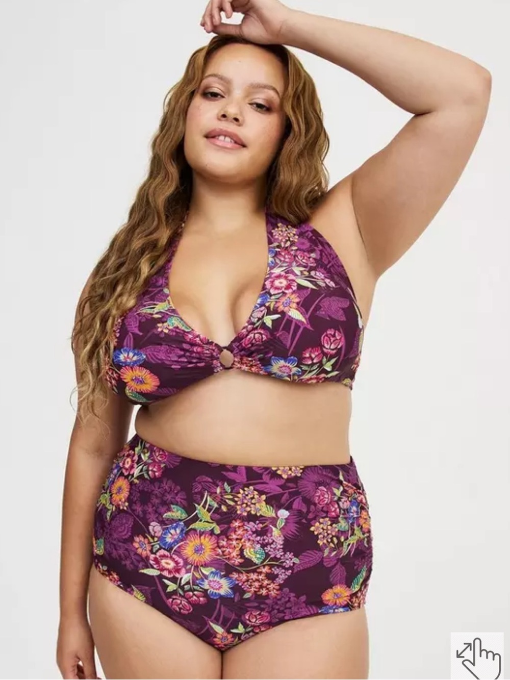 Torrid Swim Purple Floral O-Ring Halter Bikini Set Full Coverage Bottom Sz 2 2x